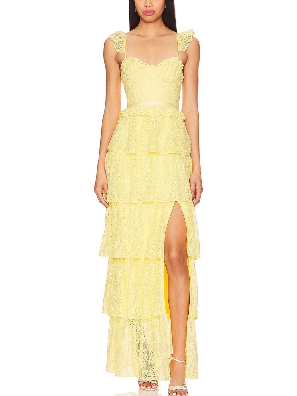 Tularosa Lemon Lace Tiered Maxi Dress with Side Slit